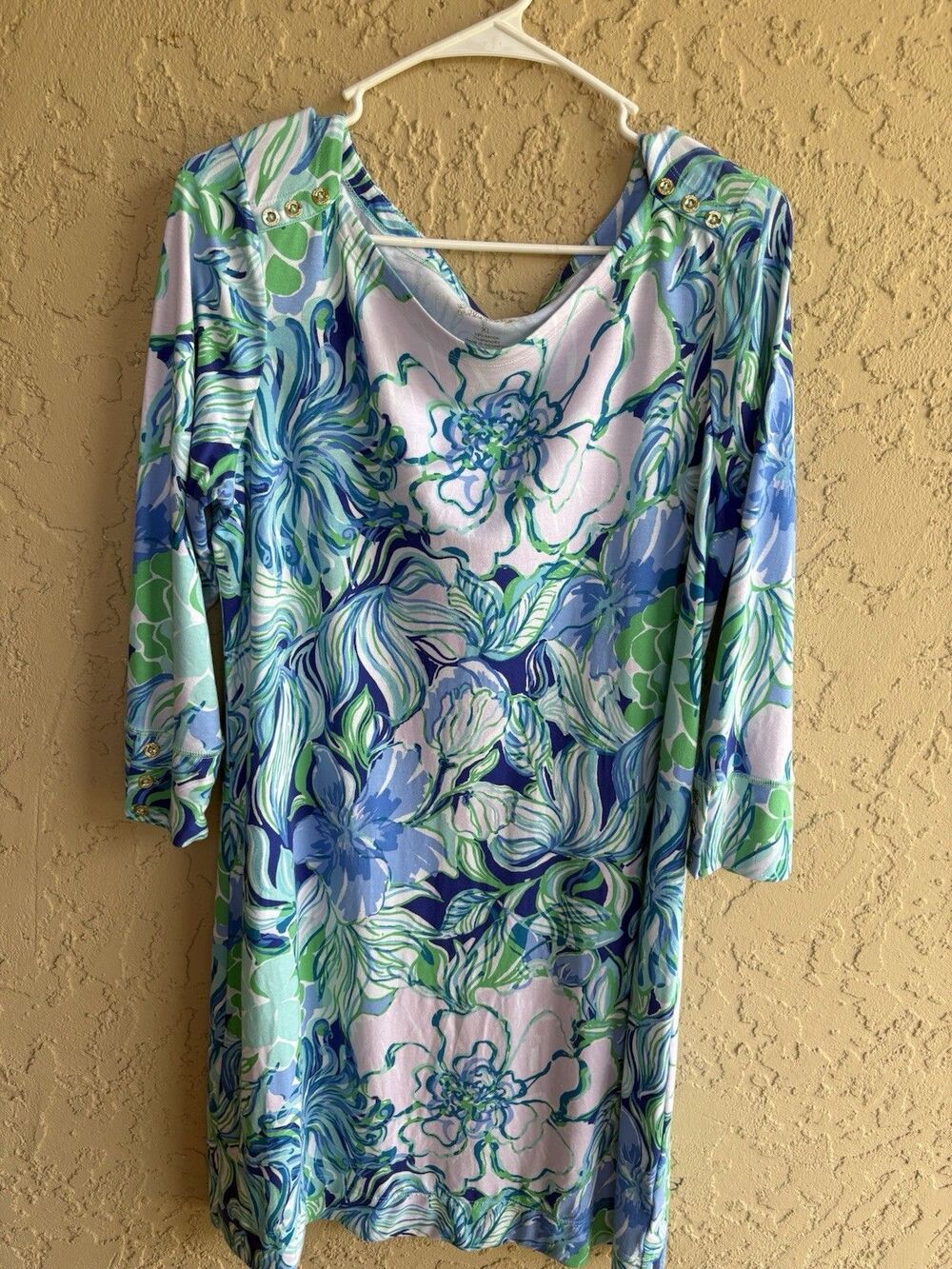 Lilly Pulitzer Blue White Green Floral Size XL 3/4 Sleeve Woman’s Shift Dress